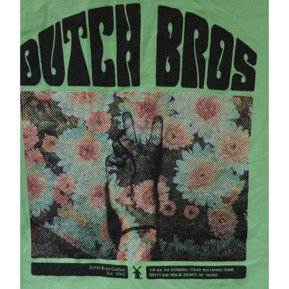 Dutch Bros Coffee Brothers Peace Sign Floral Print Mint Green T-Shirt Medium - Picture 4 of 9